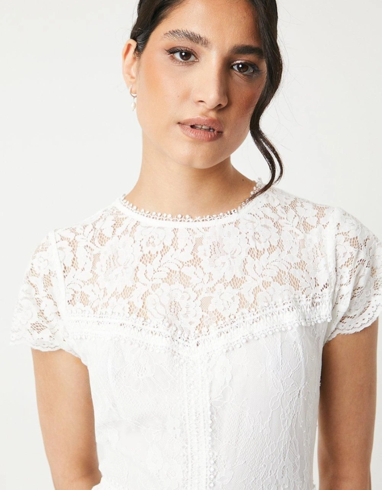 Short Sleeve Eyelash Lace Bodice Wedding Dress