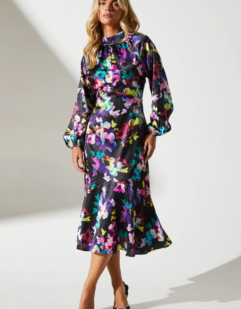 Petite Satin Print Mix Fit And Flare Midi Dress