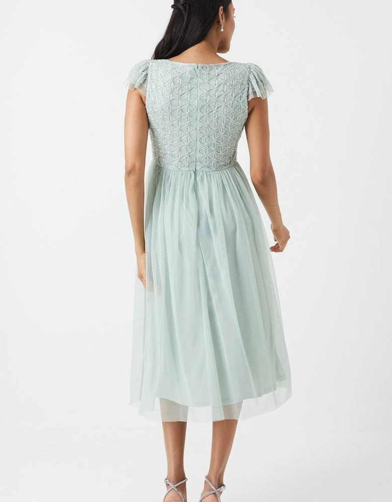 Geometric Embroidered Flutter Sleeve Bridesmaid Midi Dress