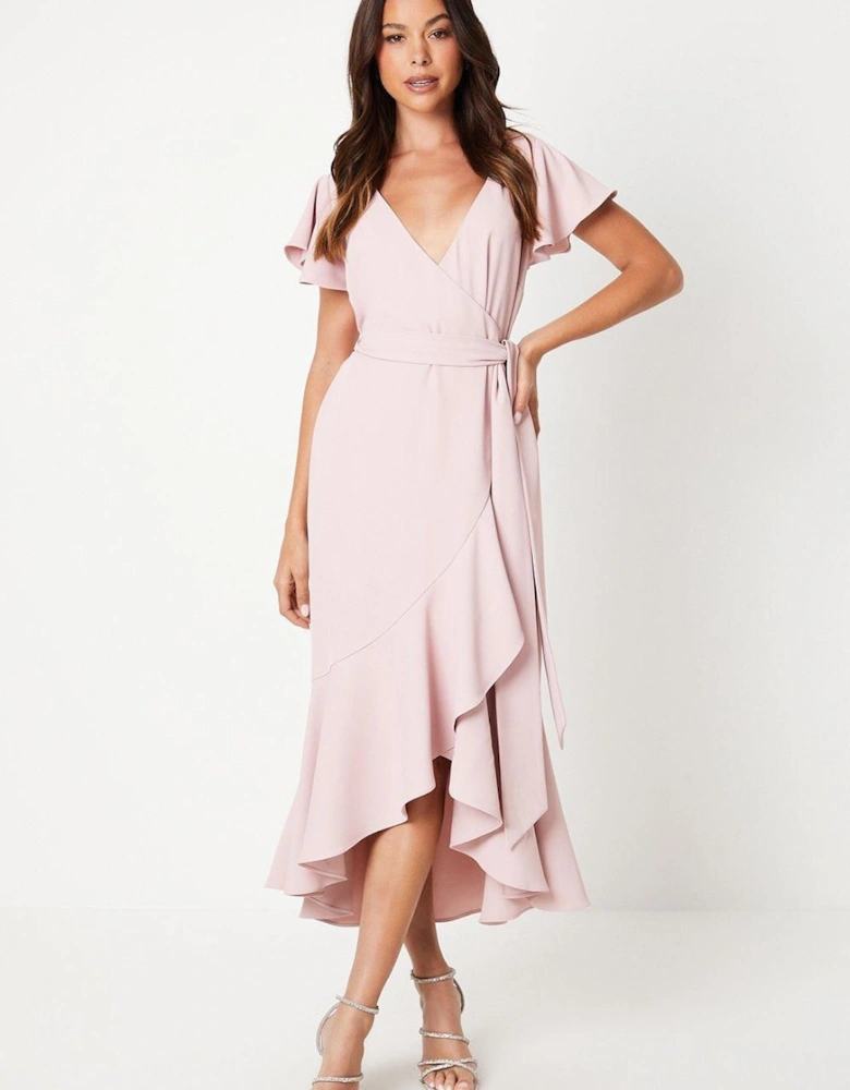 V Neck Ruffle Wrap Wedding Guest Dress