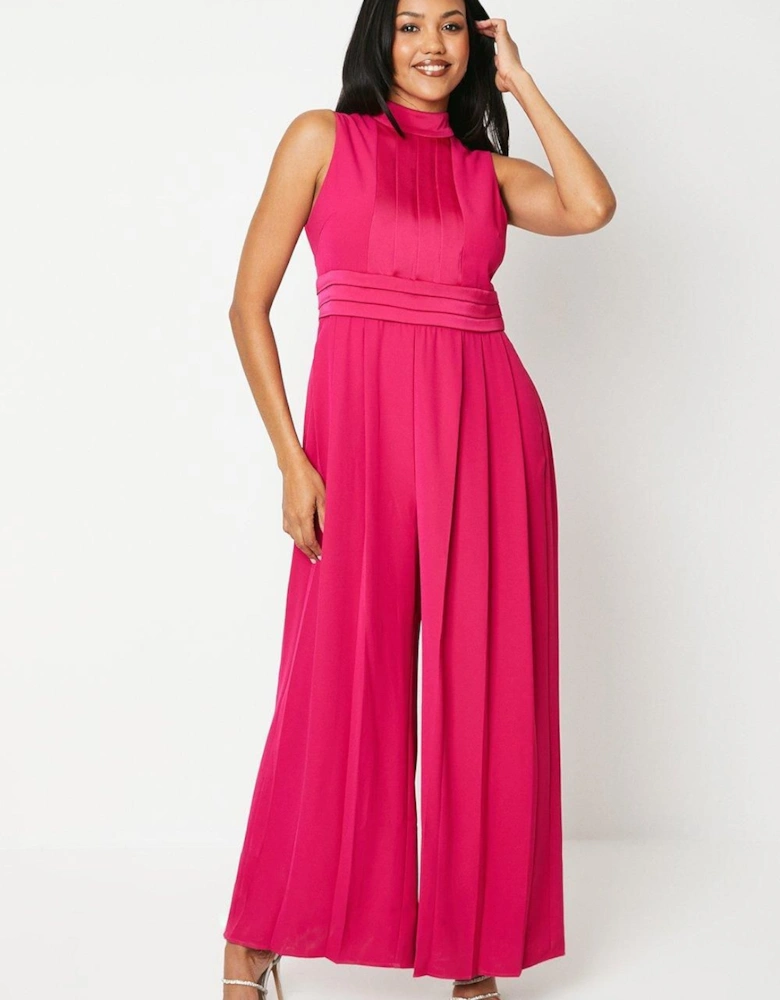 High Neck Pleated Belted Jumpsuit