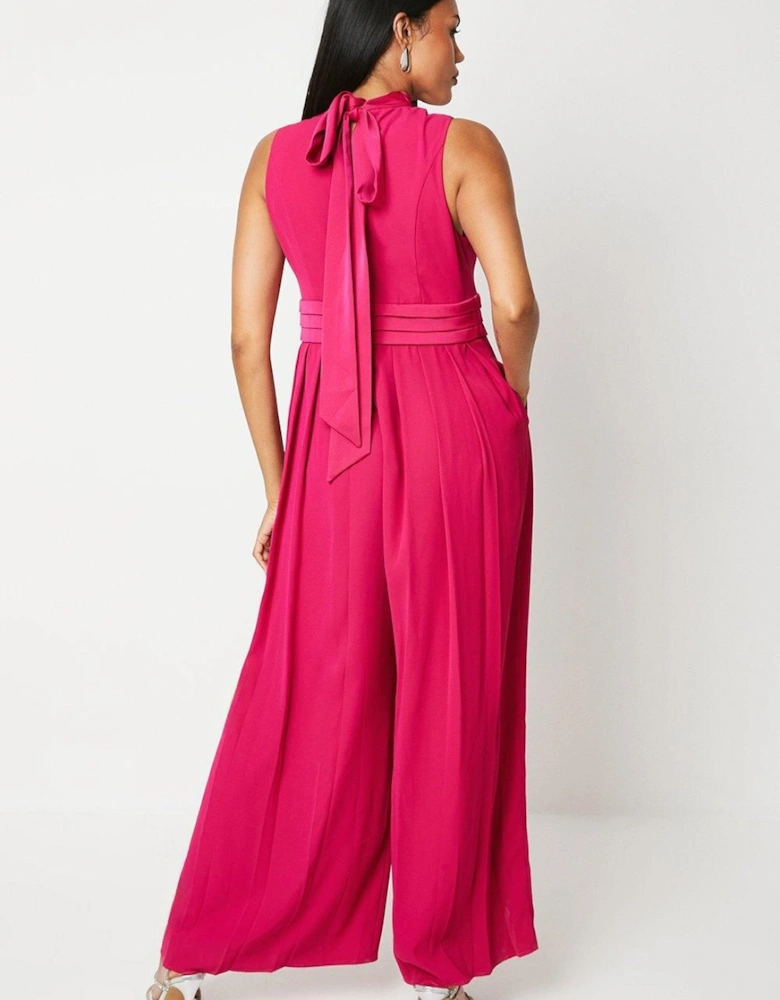 High Neck Pleated Belted Jumpsuit