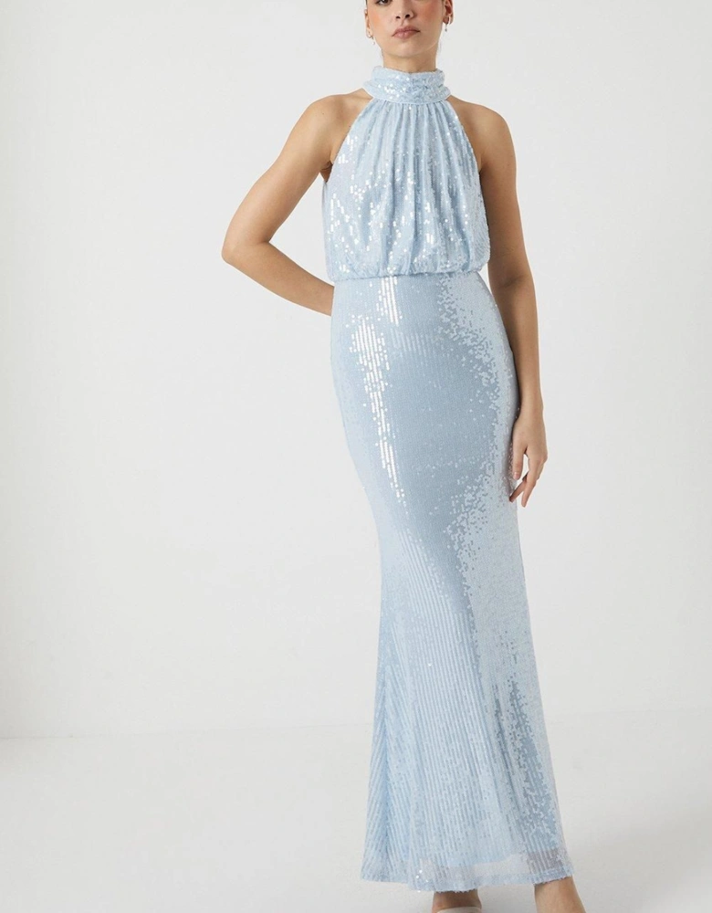 Halter Neck Sheer Sequin Bridesmaid Maxi Dress