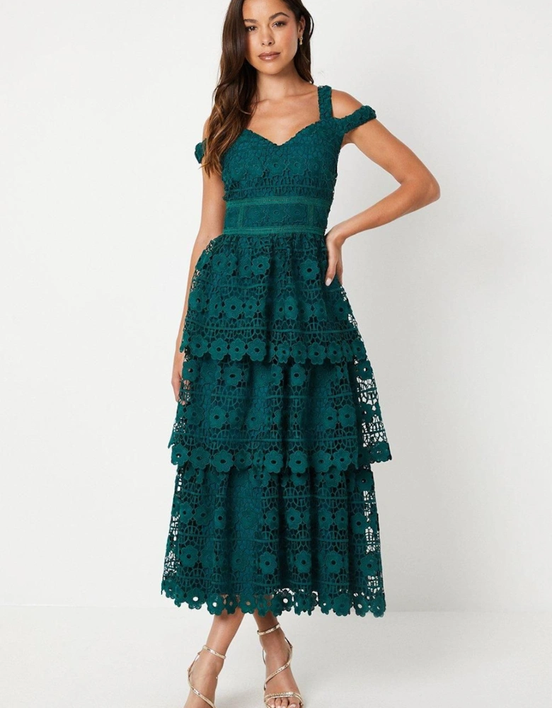 Sweetheart Neckline Tiered Lace Midi Wedding Guest Dress