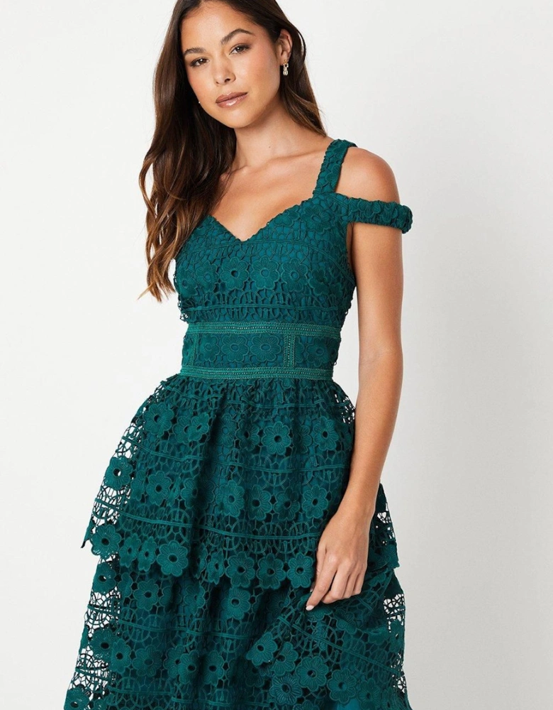 Sweetheart Neckline Tiered Lace Midi Wedding Guest Dress