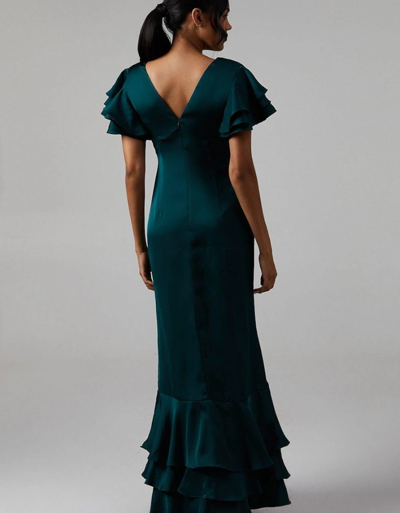 Ruffle Sleeve Satin Bridesmaids Maxi Dress