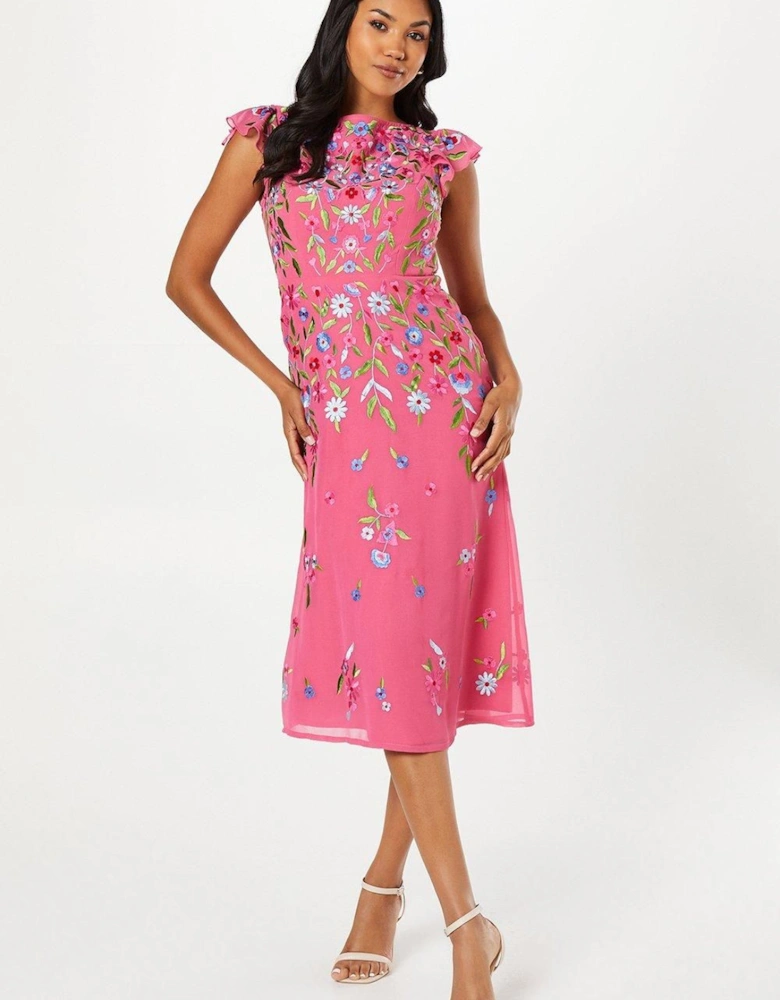 Trailing Embroidered Flutter Sleeve Midi Dress