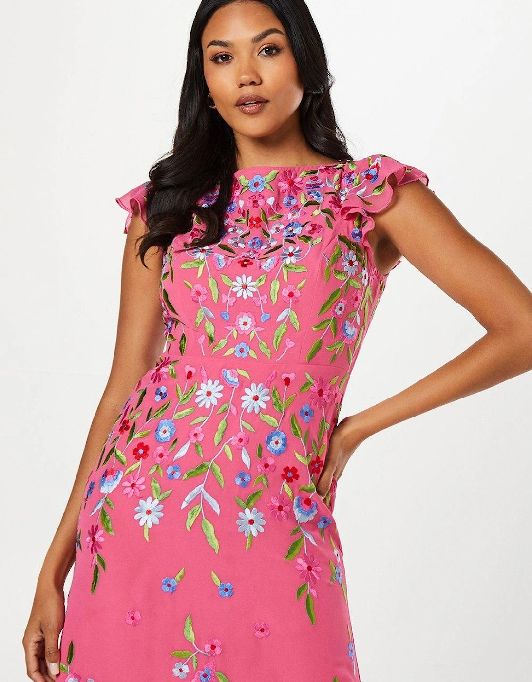 Trailing Embroidered Flutter Sleeve Midi Dress