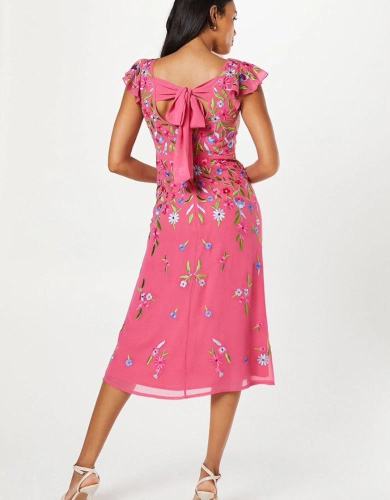 Trailing Embroidered Flutter Sleeve Midi Dress