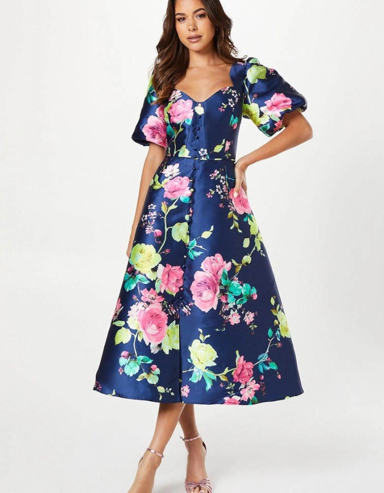 Floral Print Puff Sleeve Midi Dress