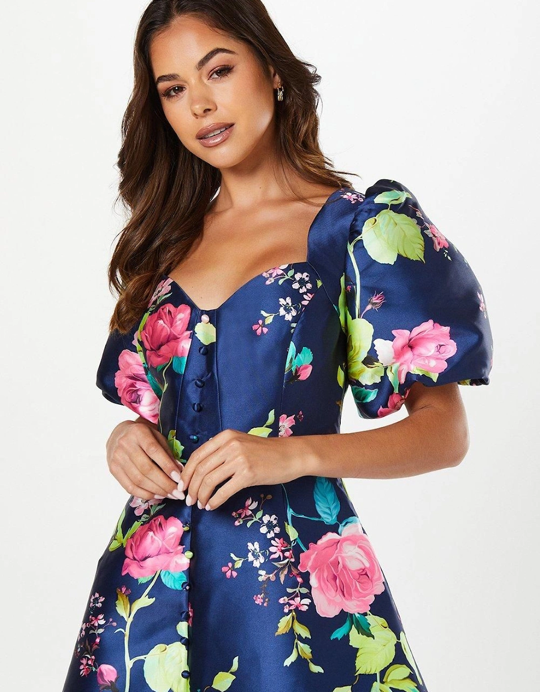 Floral Print Puff Sleeve Midi Dress