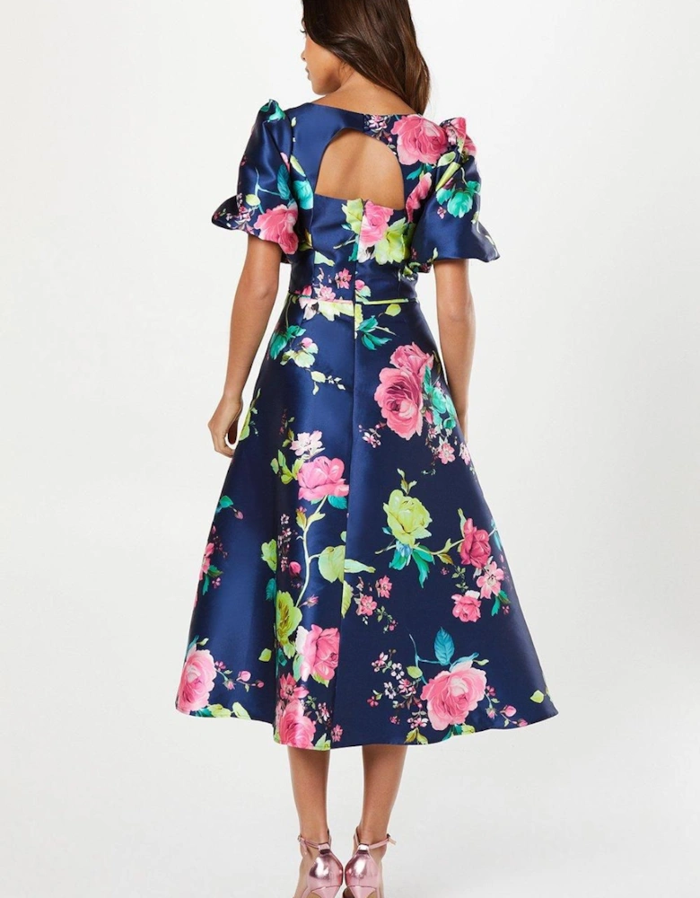 Floral Print Puff Sleeve Midi Dress