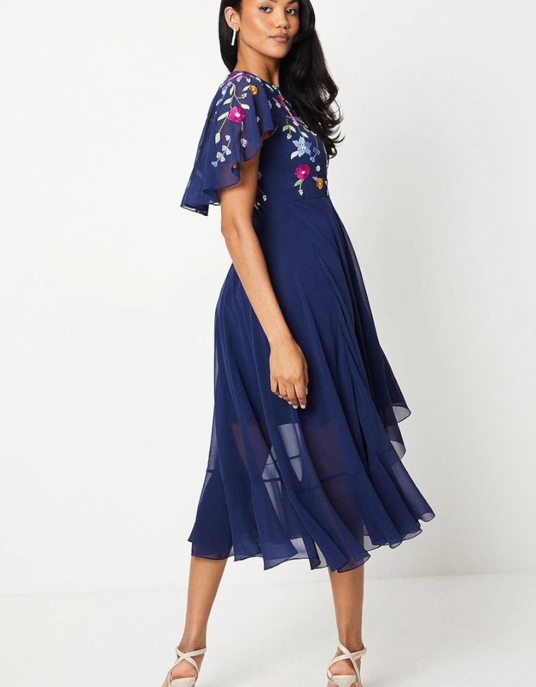 Embroidered Bodice Cape Back Midi Dress