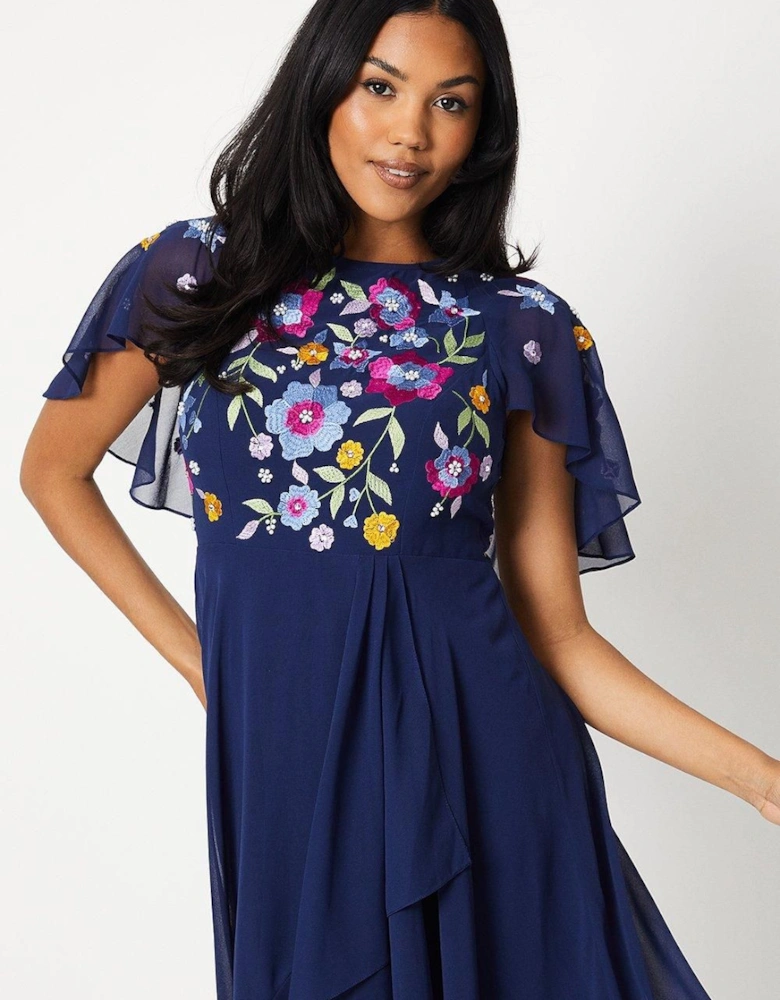 Embroidered Bodice Cape Back Midi Dress