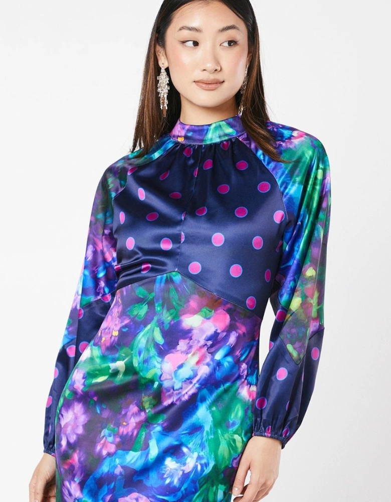 Printed Satin Long Sleeve Midi Wedding Guest Dress