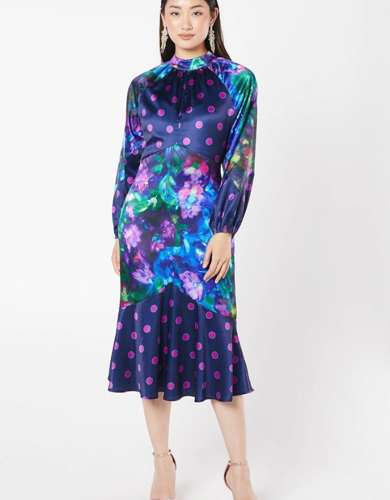 Printed Satin Long Sleeve Midi Wedding Guest Dress