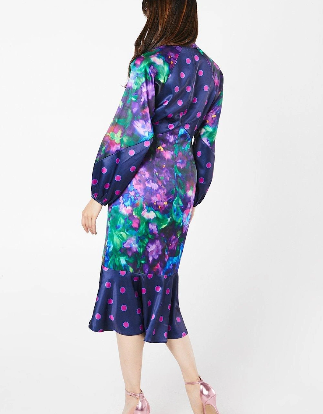 Printed Satin Long Sleeve Midi Wedding Guest Dress