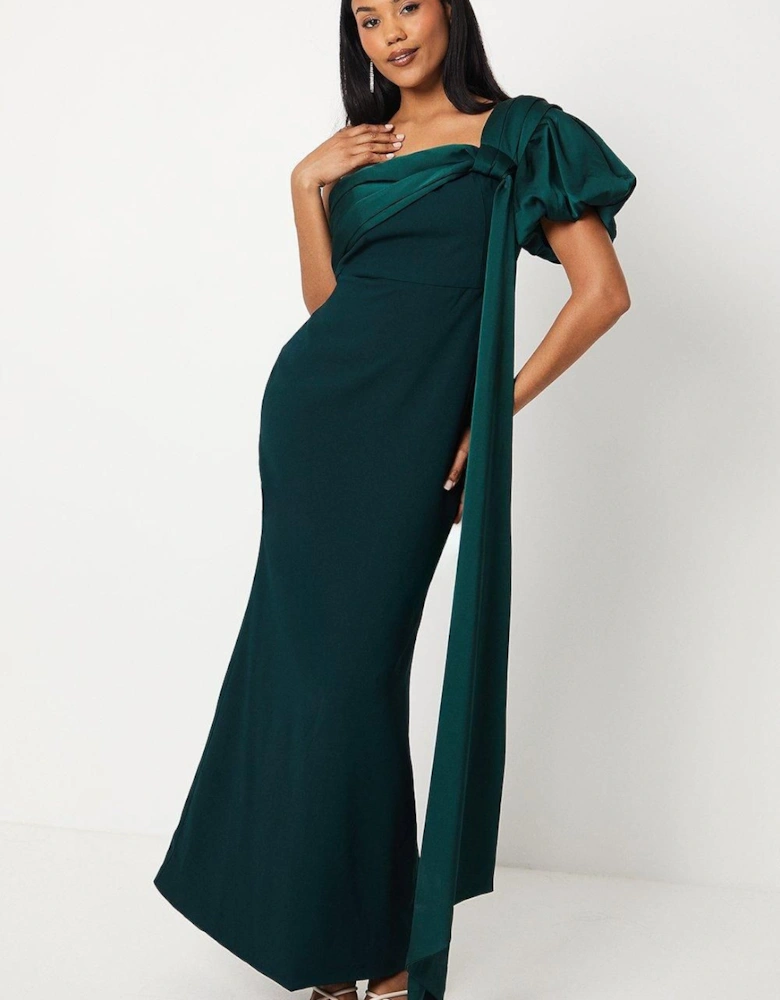 One Shoulder Puff Sleeve Satin Black Tie Dress