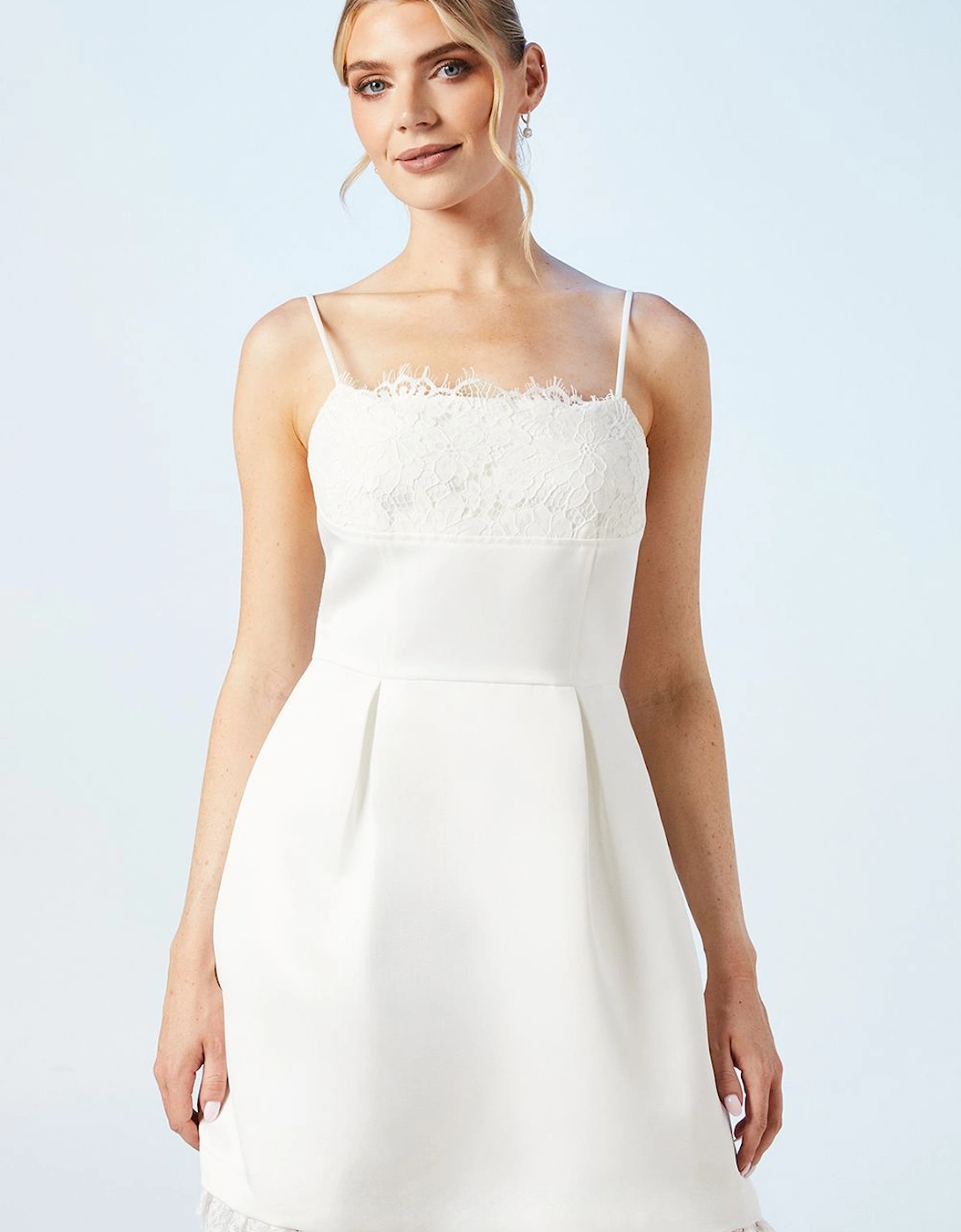 White Lace And Structured Satin Mini Bridal Dress, 6 of 5