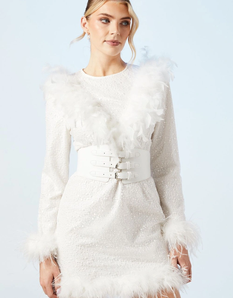 Premium Feather Belted Bridal Mini Dress