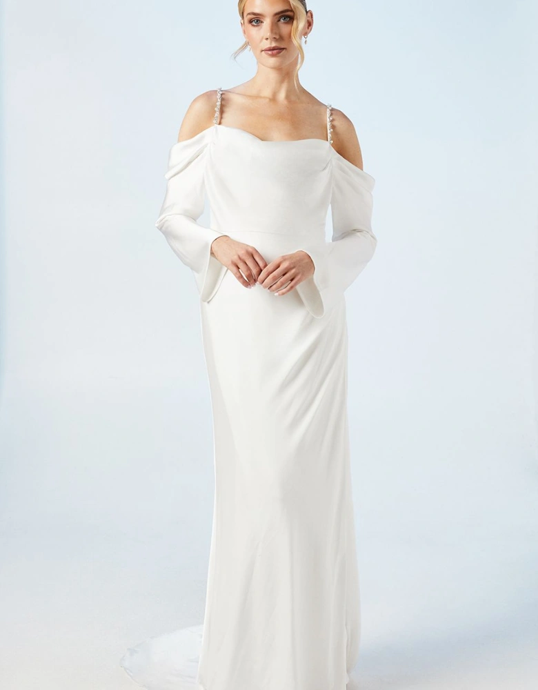 Drape Cold Shoulder Embellished Strap Wedding Dress