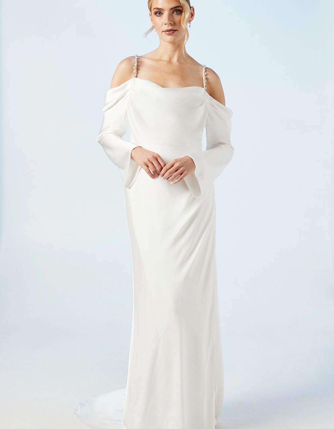 Drape Cold Shoulder Embellished Strap Wedding Dress, 6 of 5