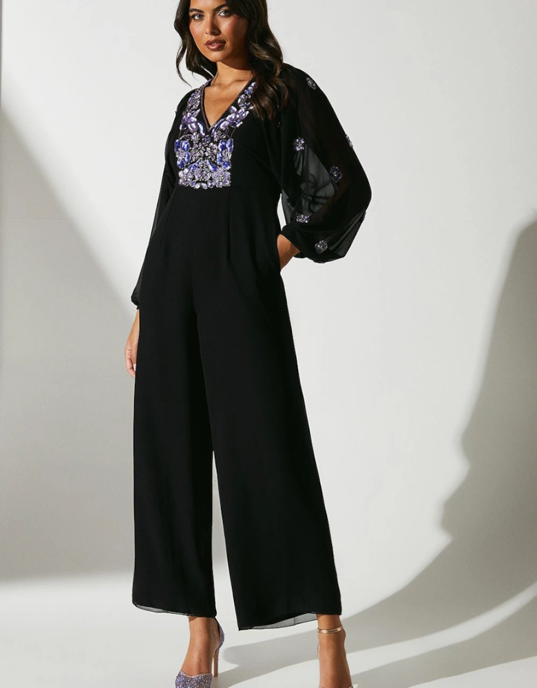 Party Embellished Long Sleeve Batwing Jumpsuit