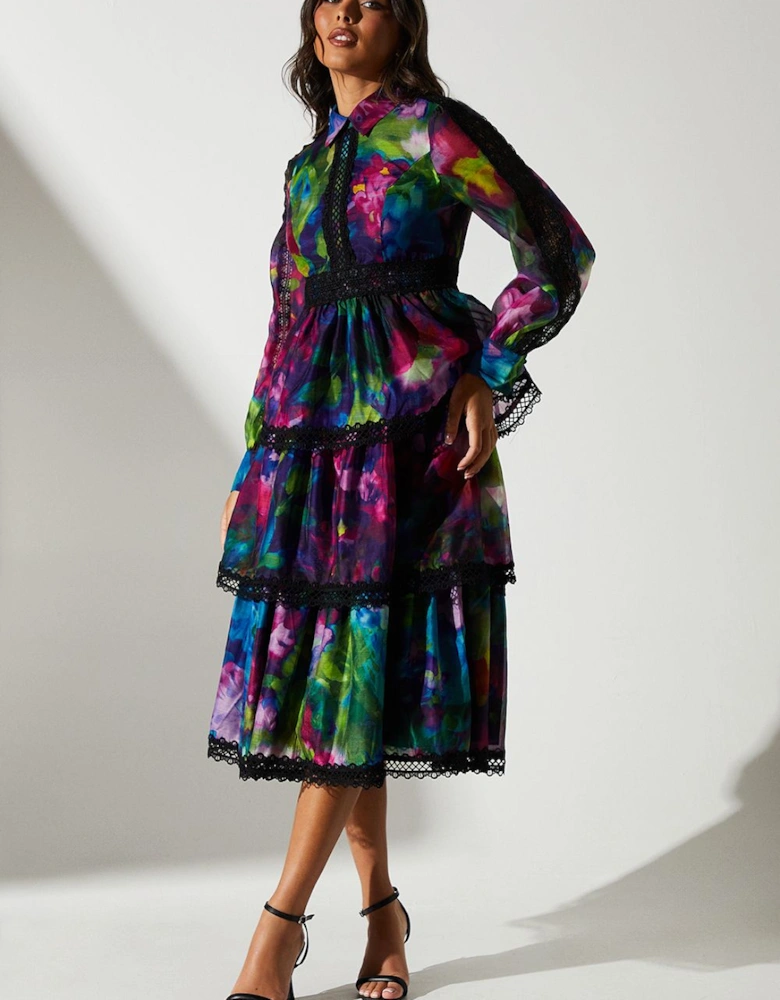 Printed Organza Long Sleeve Midi Wedding Guest Dress