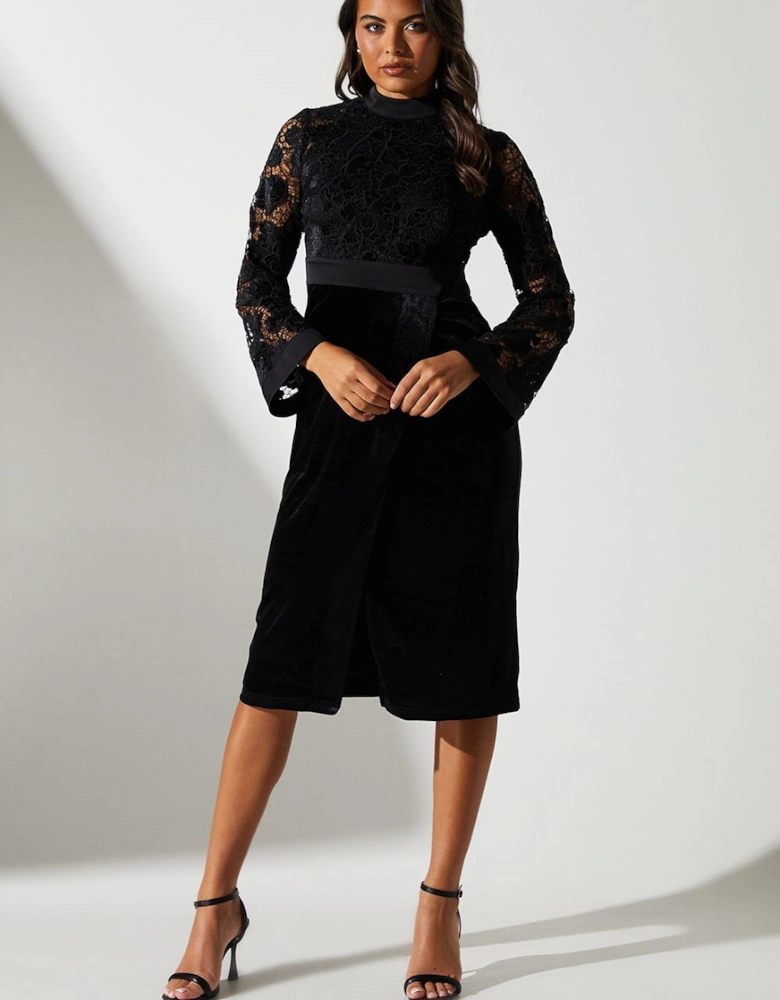 Velvet Lace Long Sleeve High Neck Midi Dress