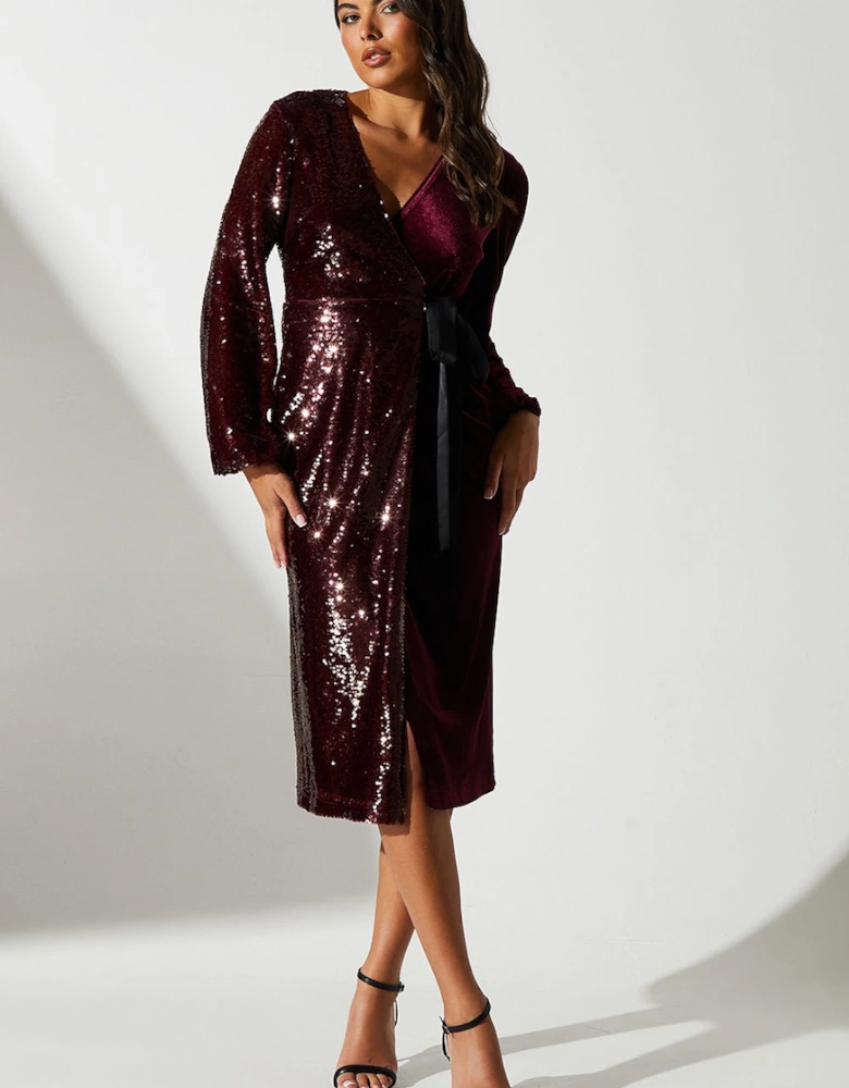 Party Sequin Long Sleeve Velvet Wrap Dress