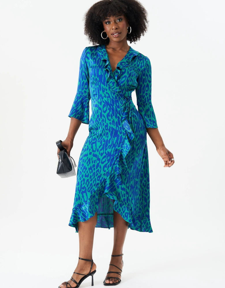 Green Animal Print Ruffle Wrap Dress