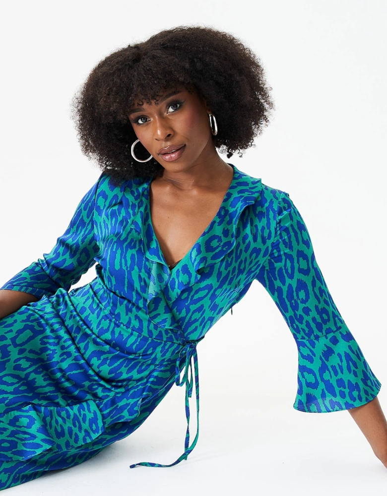 Green Animal Print Ruffle Wrap Dress
