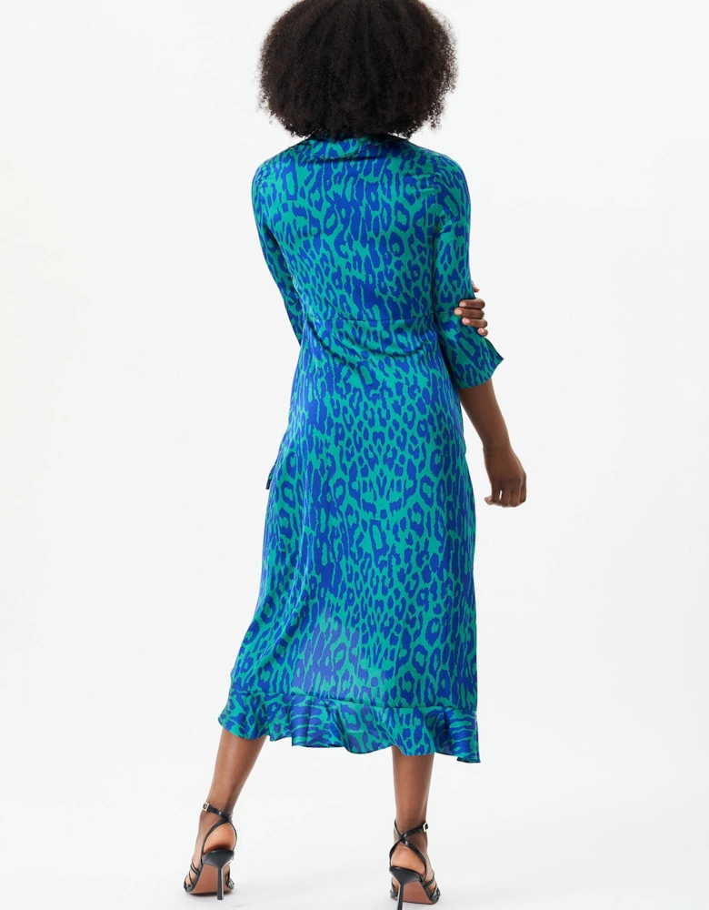 Green Animal Print Ruffle Wrap Dress