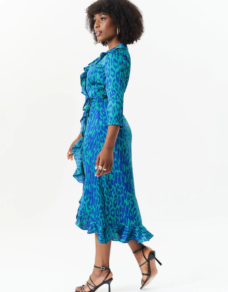 Green Animal Print Ruffle Wrap Dress