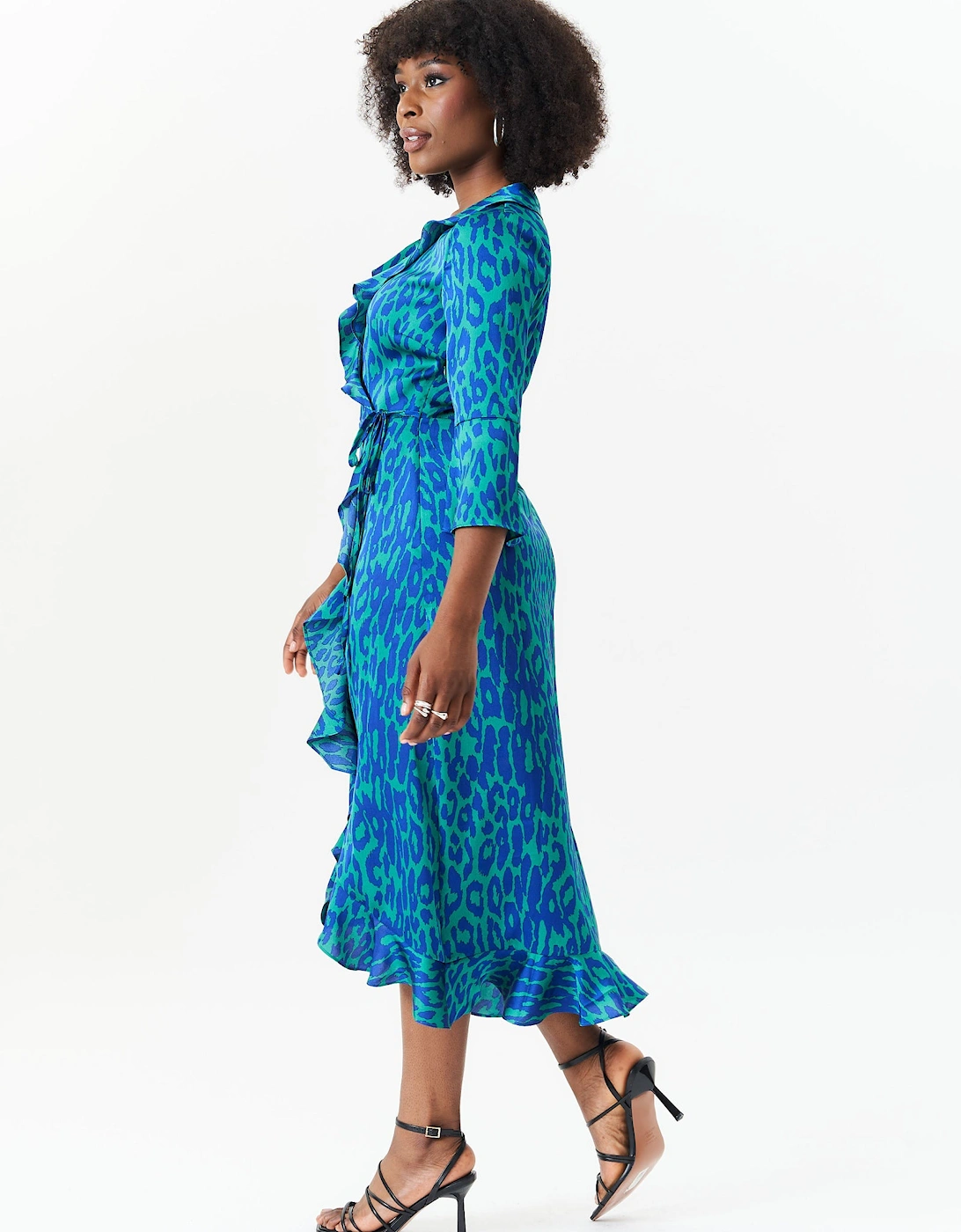 Green Animal Print Ruffle Wrap Dress