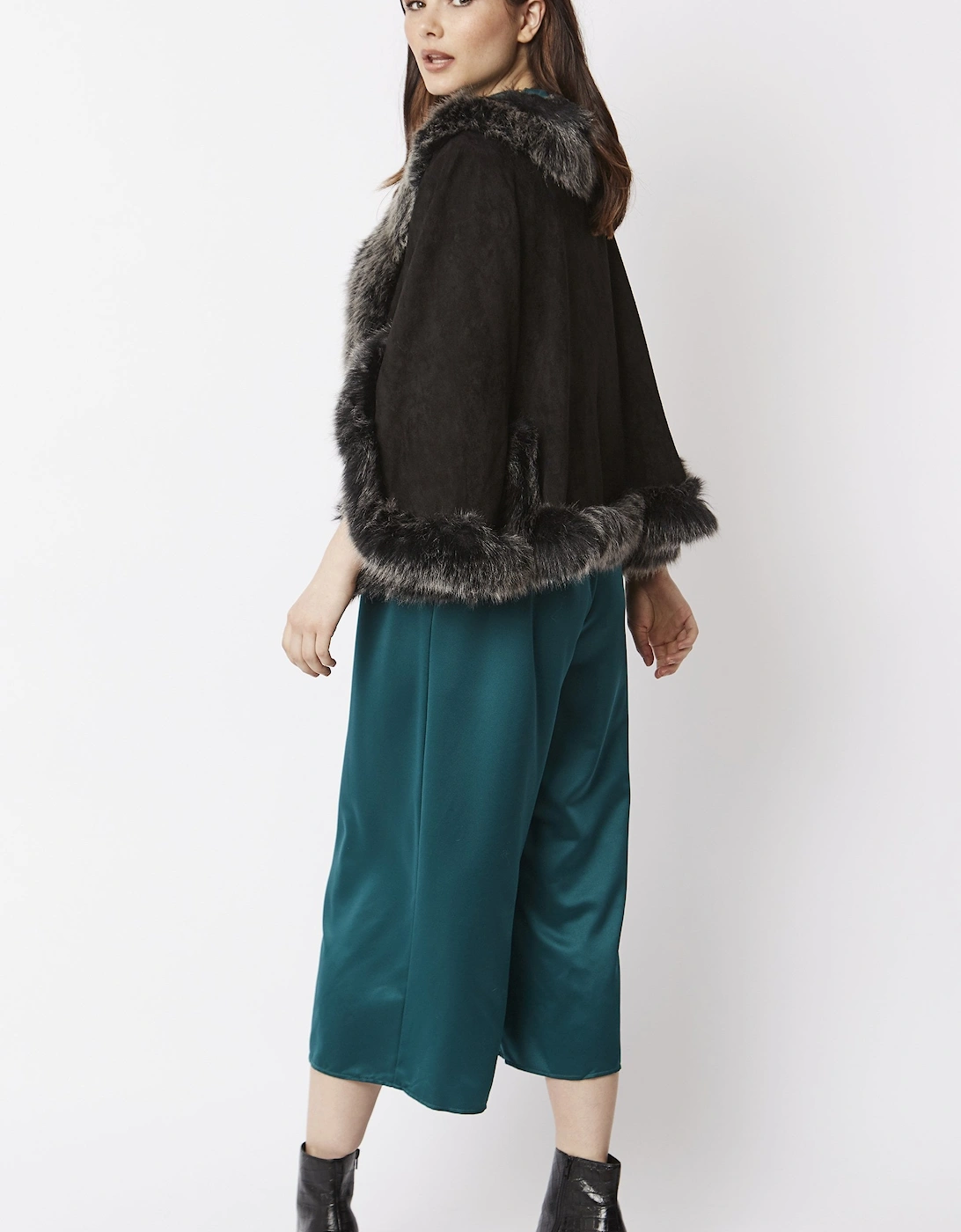 Black Faux Fur Faux Suede Cape Jacket