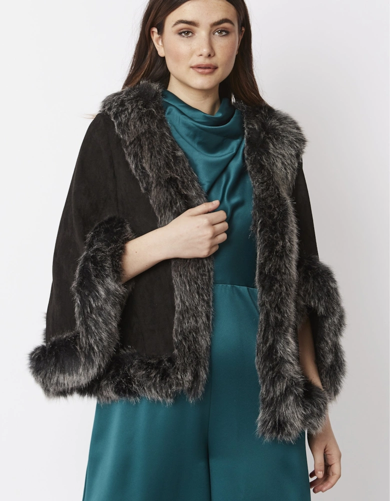 Black Faux Fur Faux Suede Cape Jacket