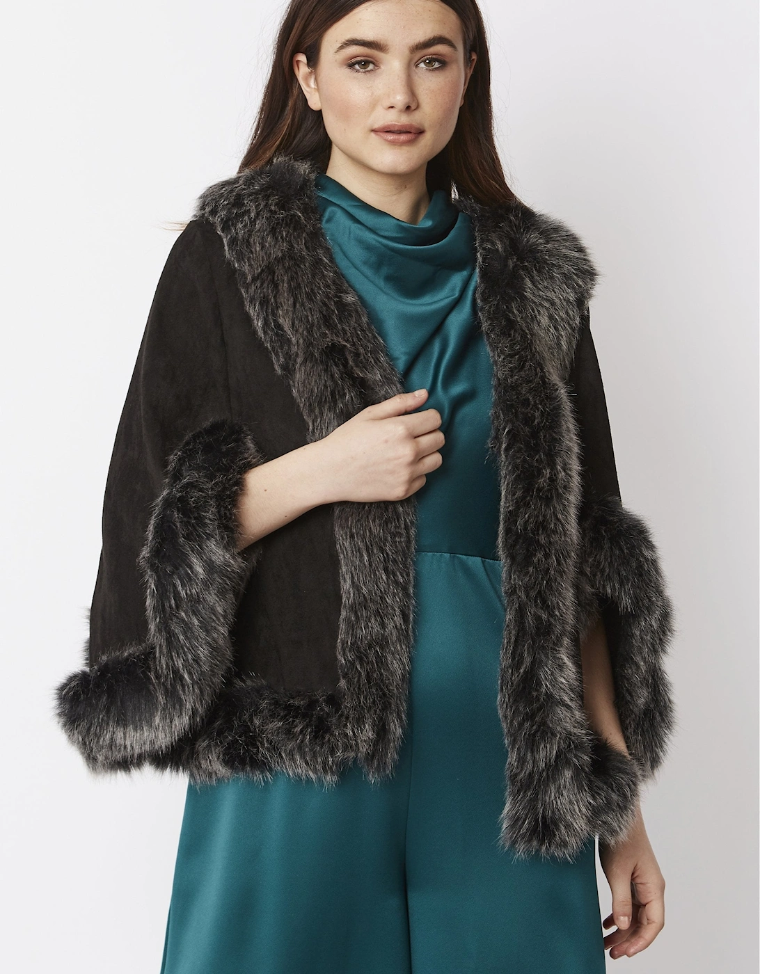 Black Faux Fur Faux Suede Cape Jacket, 5 of 4