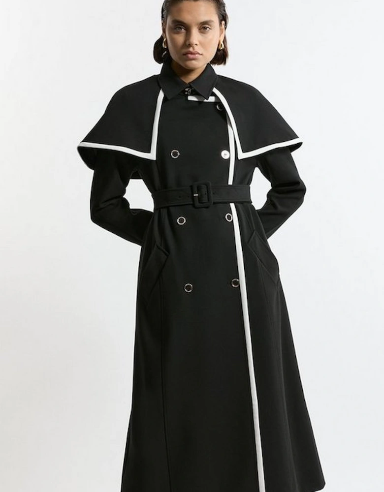 Tailored Contrast Tip Detail Cape Trench Midi Coat