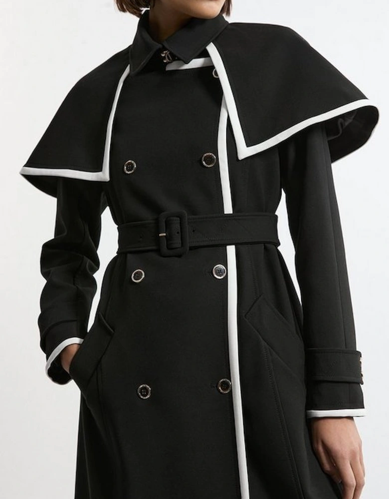 Tailored Contrast Tip Detail Cape Trench Midi Coat