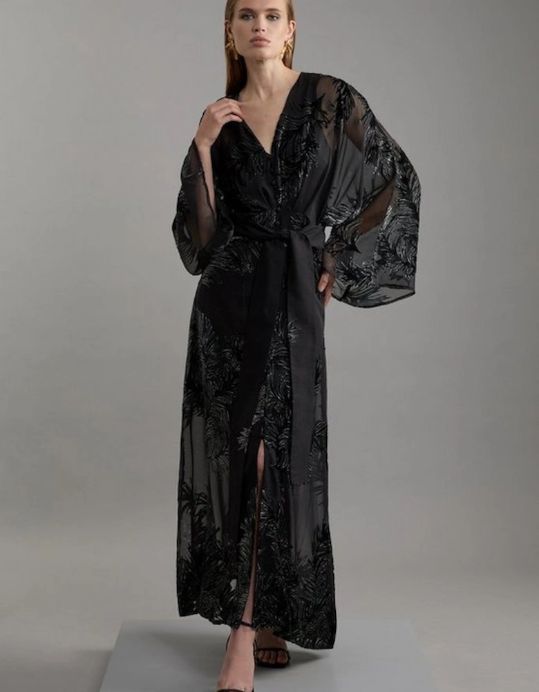 Feather Devore Woven Kimono Maxi Dress