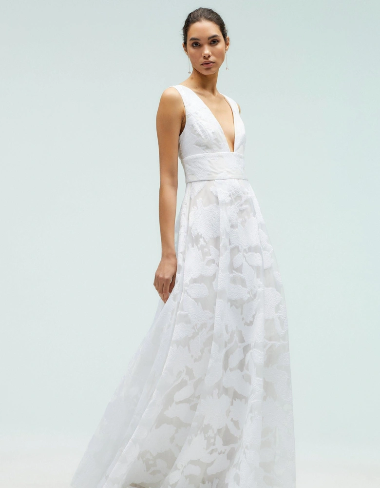 Plunge V Full Skirted Jacquard Dress