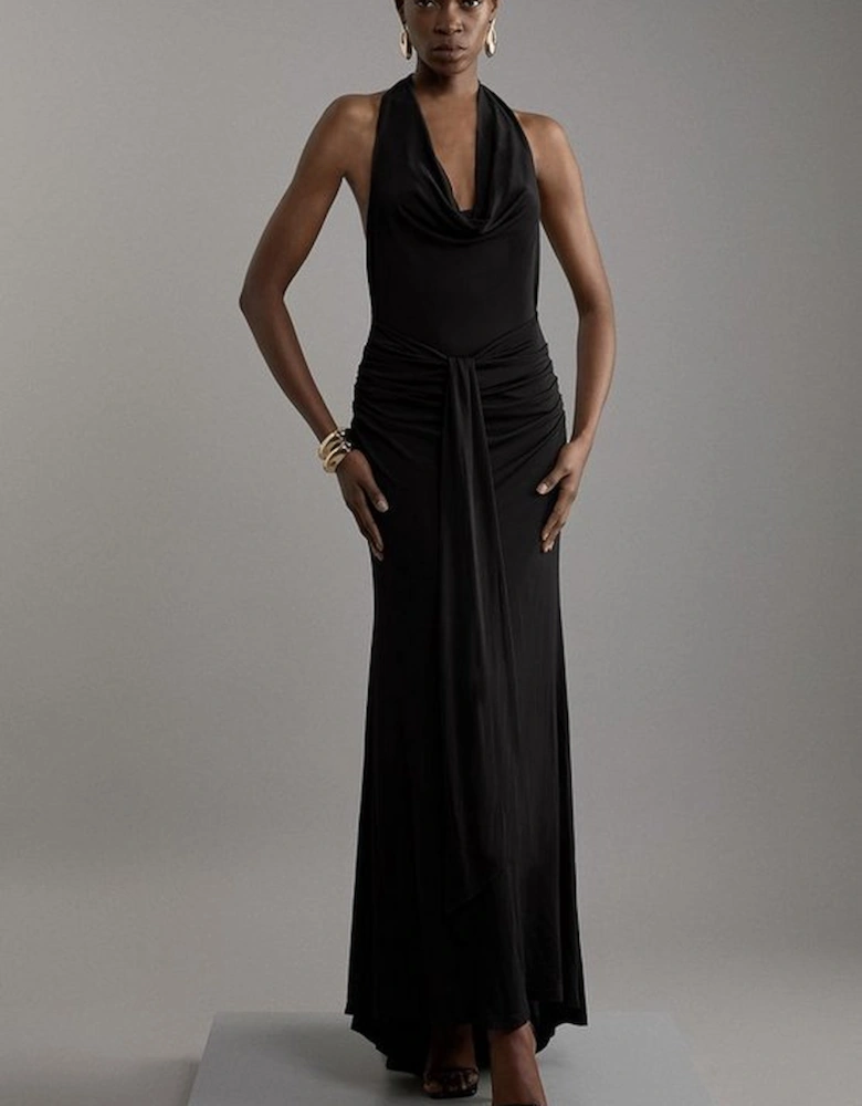 Premium Viscose Jersey Crepe Cowl Neck Maxi Dress