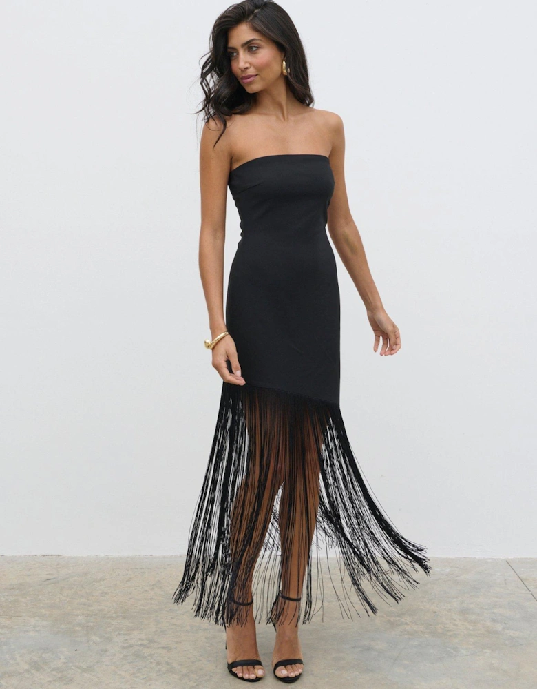 Eliana Bandeau Asymmetric Fringed Dress - Black