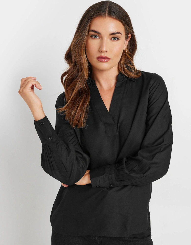 Tall Collar Woven Top - Black