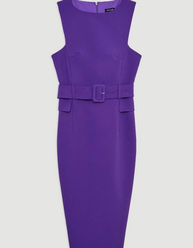 Compact Stretch Belted Tailored Midi Pencil Dress