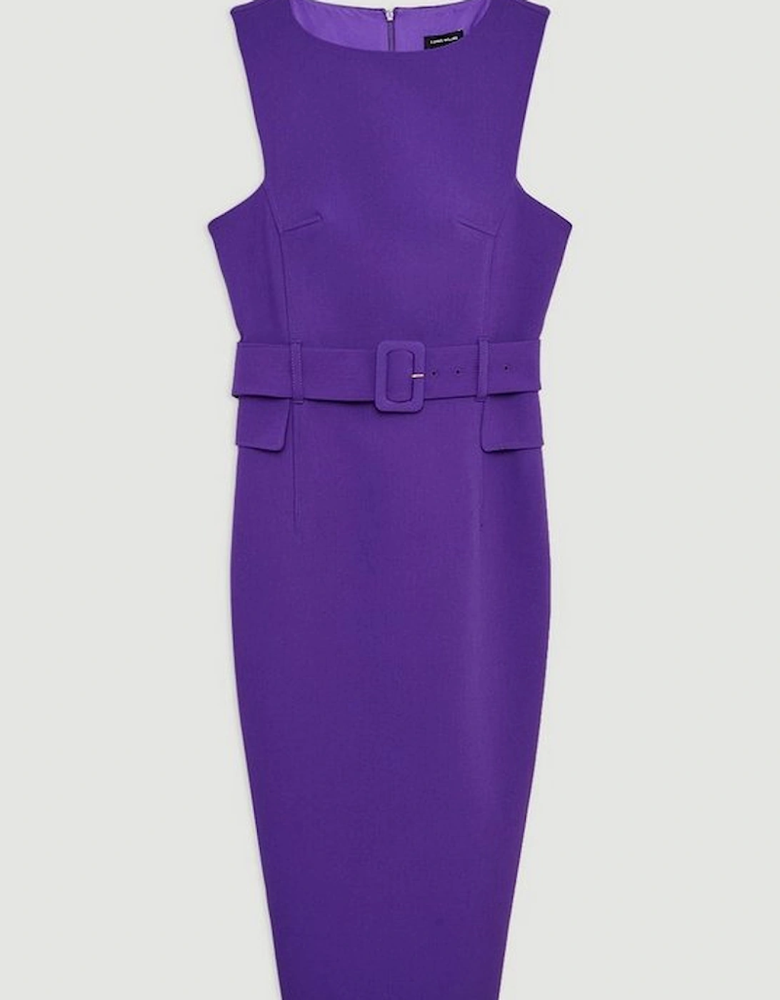 Compact Stretch Belted Tailored Midi Pencil Dress