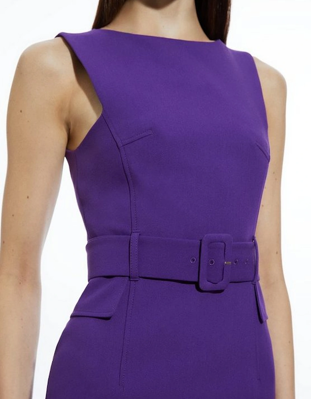 Compact Stretch Belted Tailored Midi Pencil Dress