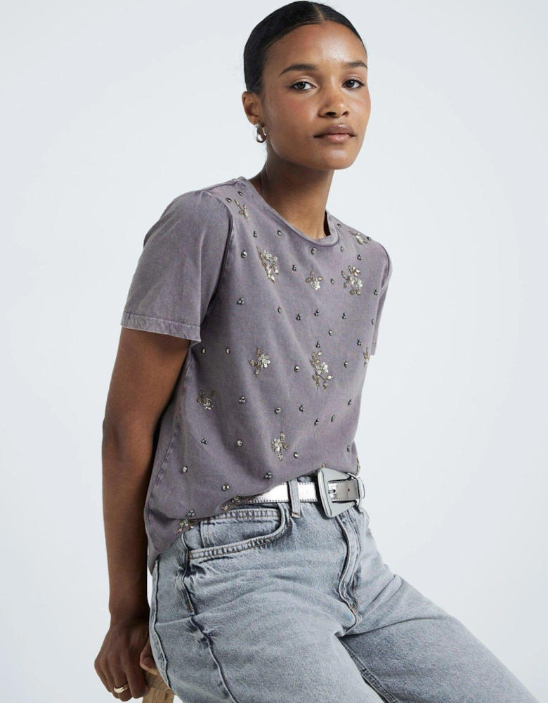 Embellished Beaded Washed Tee - Dark Grey