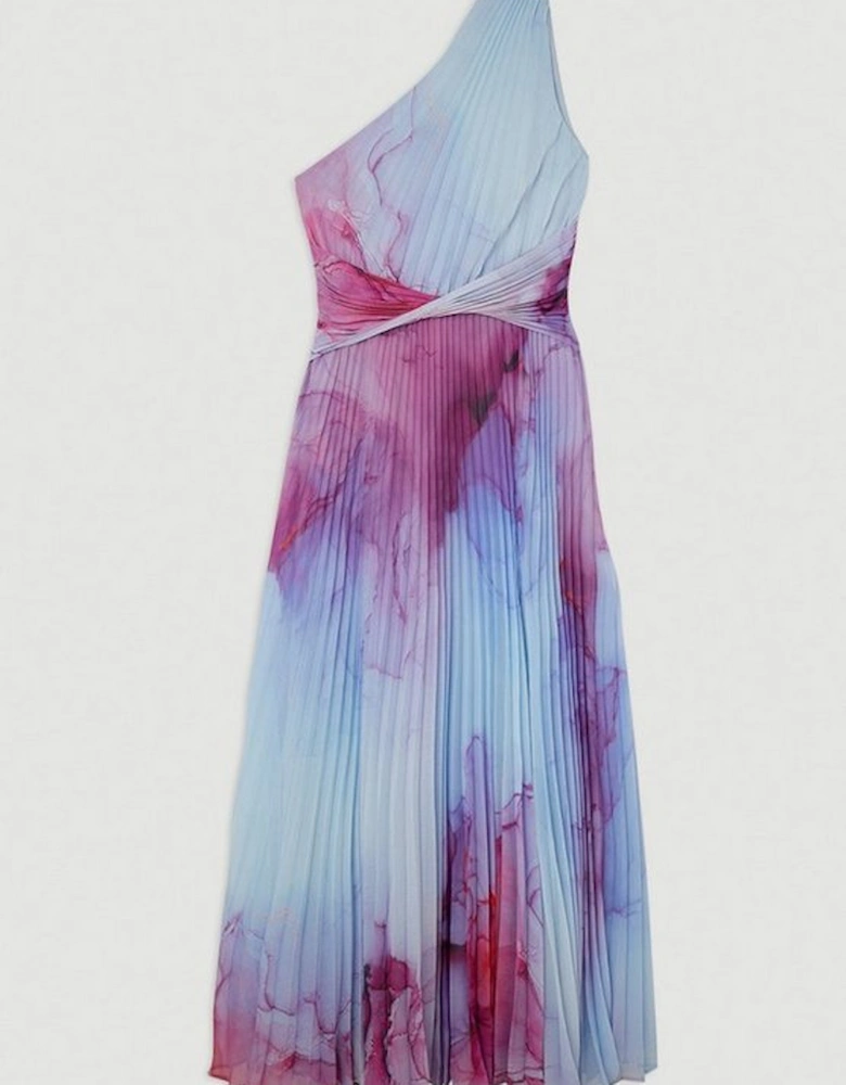 Marble Printed Soft Pleated One Shoulder Maxi Dress